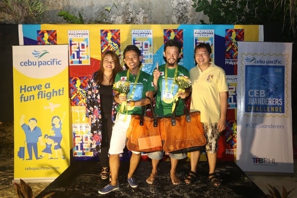 (From left to right): Blessie Cruz. Director for Advertising and Promotions at Cebu Air Pacific Air, Ikuma Nakagawa and Hidekazu Tanaka winners of the #CEBjuanderer Challenge 2015, and Ramon de Veyra Jr. Officer-in-Charge, North Asia Division, International Promotions Department, Tourism Promotions Board Philippines.